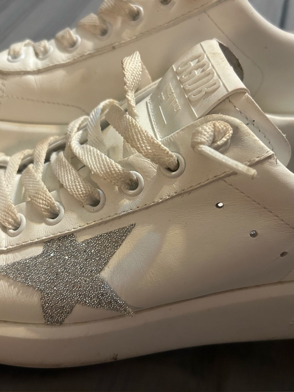 White Leather Sneakers with Silver Glitter Star